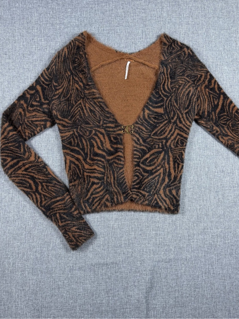 Free People Brown and Black Fuzzy Abstract Pattern V-Neck Cropped Cardigan